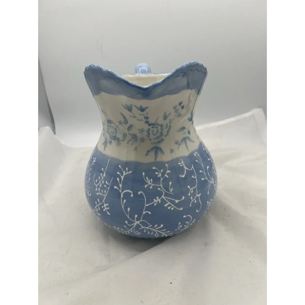 Bella Casa Ganz Blue White Floral Ceramic Pitcher Hand Painted 7.5” Cottage